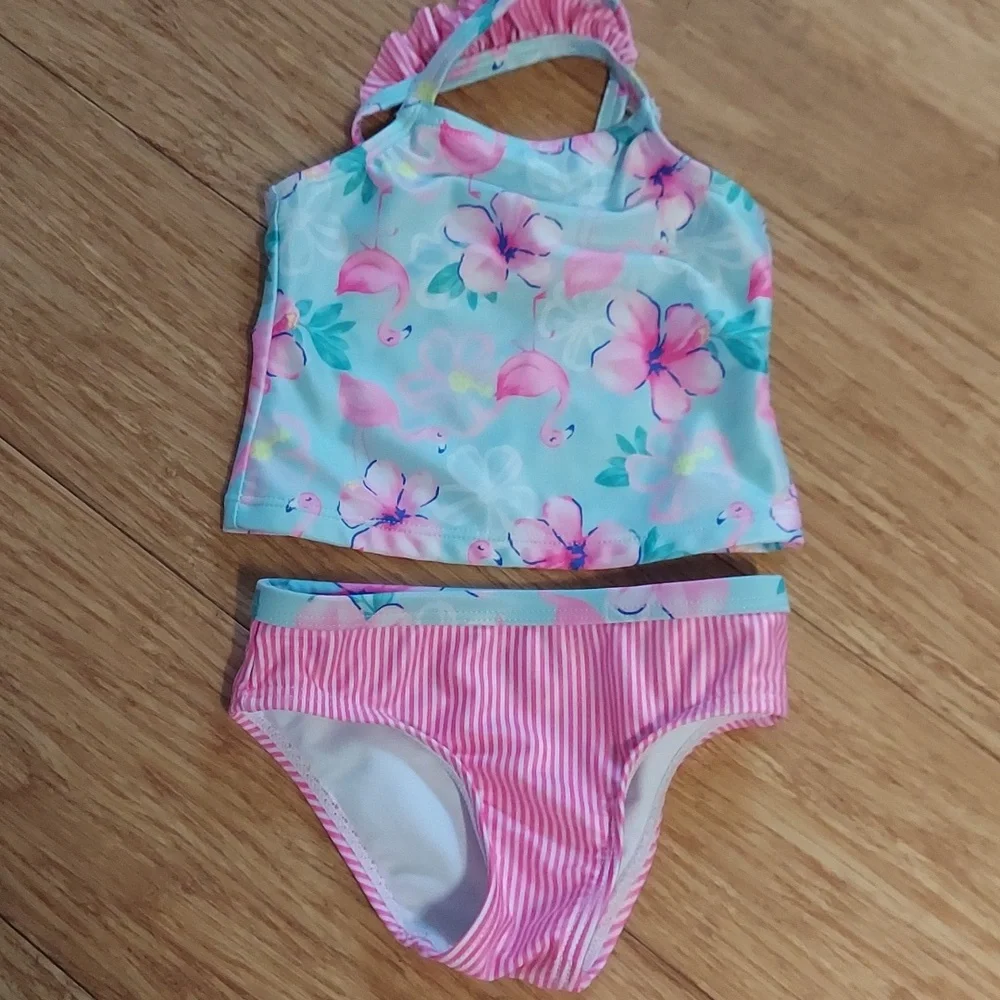 🎁 10/$25 - 2T Flamingo tankini, stripes, teal and pink